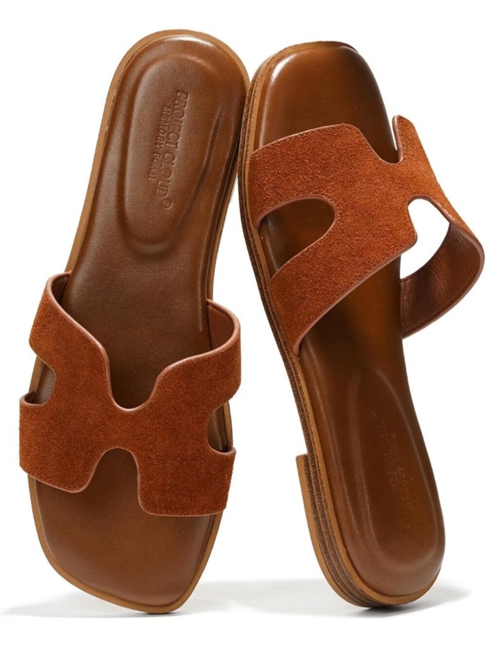 Women's Brown Genuine Leather Fashion Flats Memory Foam Insole Slides Sandals